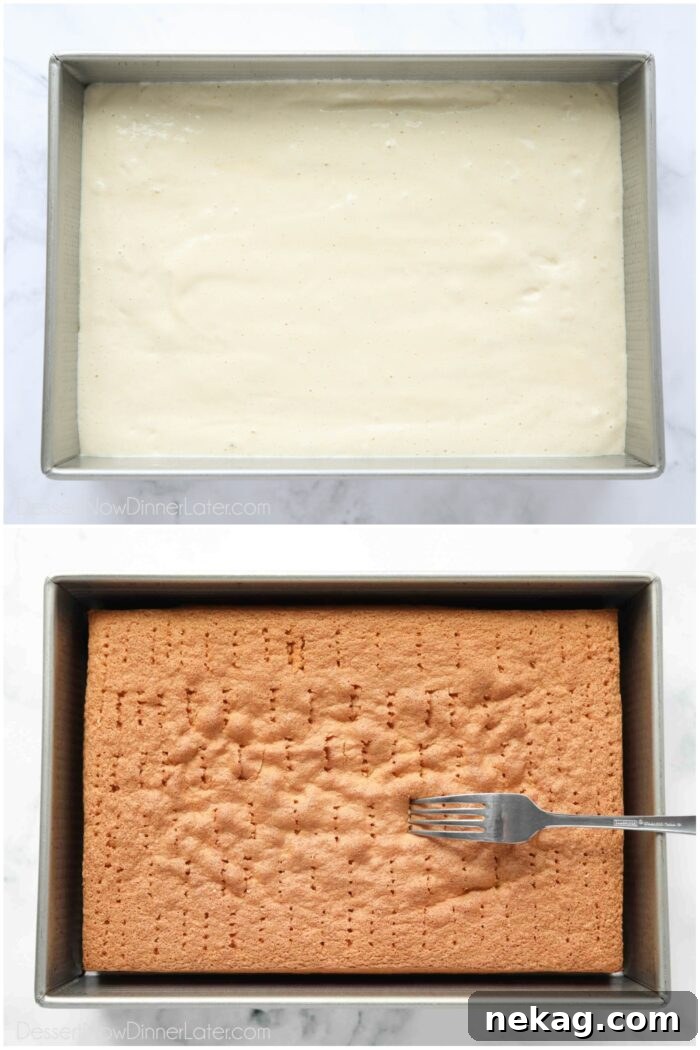 Classic Tres Leches Cake Recipe: Moist Milk-Soaked Sponge 7 Two images. Before baking the sponge cake. Then piercing sponge cake with a fork after baking.