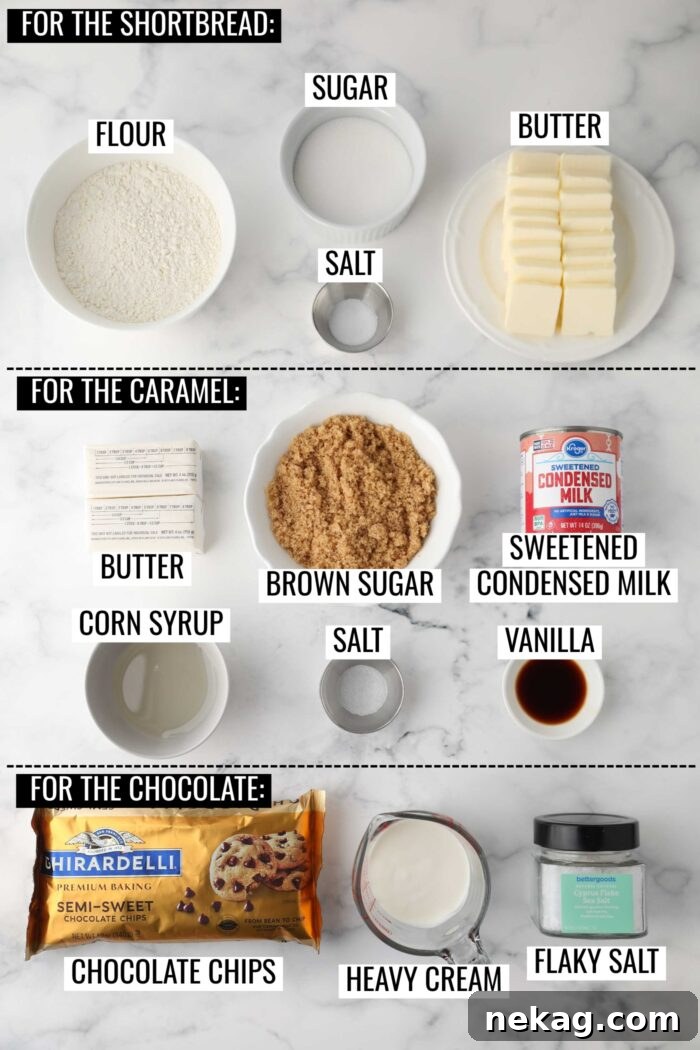Labeled ingredients for each layer of a millionaire shortbread recipe.