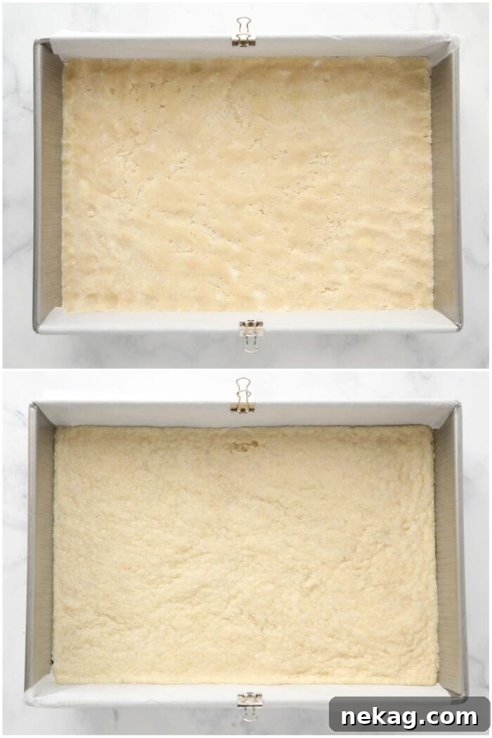 Before and after baking the shortbread crust in a 13x9-inch pan.
