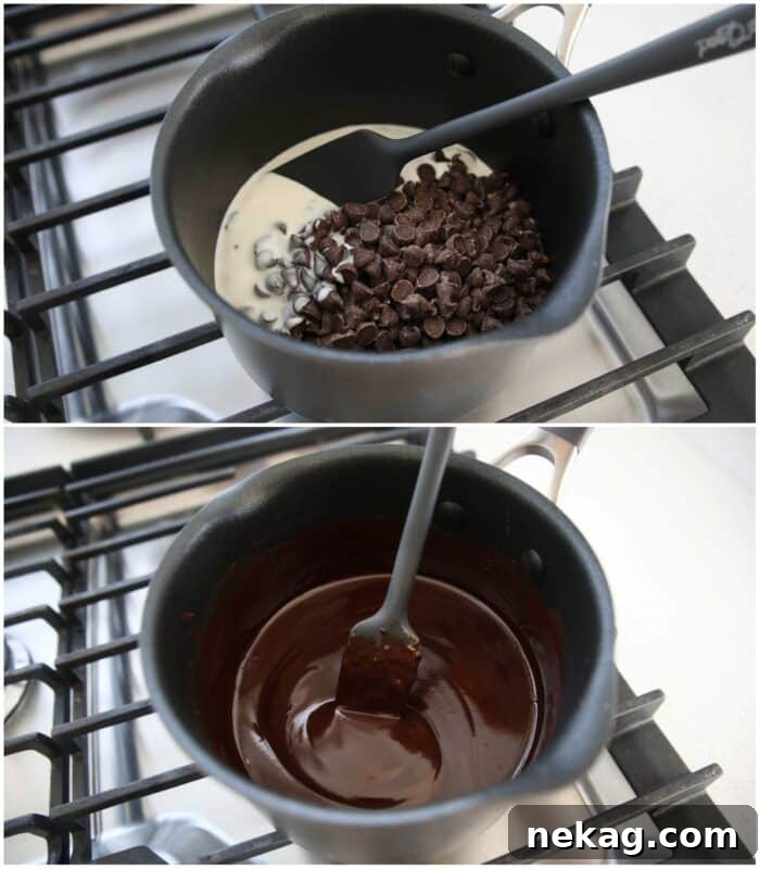 Making chocolate ganache on the stovetop.