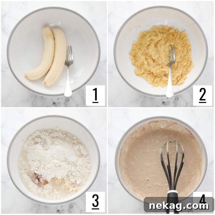 Fluffy 4-Ingredient Banana Pancakes Without Eggs 4 Steps to make banana pancakes recipe with a pancake mix.