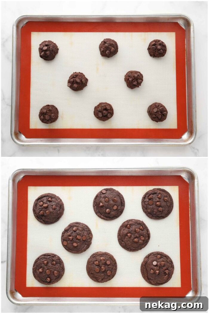 Before and after baking double chocolate cookies.