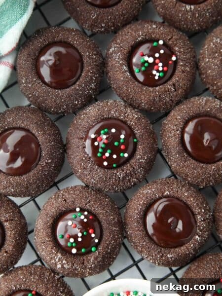 Close up of thumbprint chocolate cookies with ganache centers topped with holiday nonpareils.