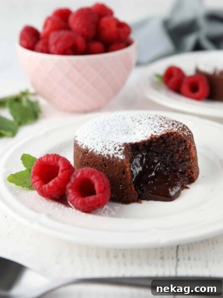 Molten chocolate lava cake on plate dusted with powdered sugar and a side of raspberries and mint.
