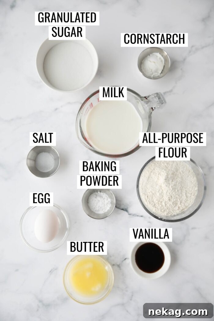 Labeled ingredients needed to make vanilla pudding cake from scratch.