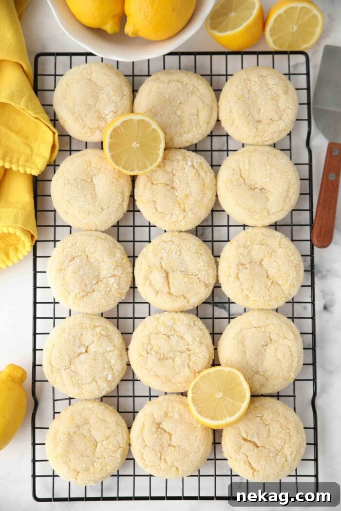 Lemon sugar cookies on a wire cooling rack.