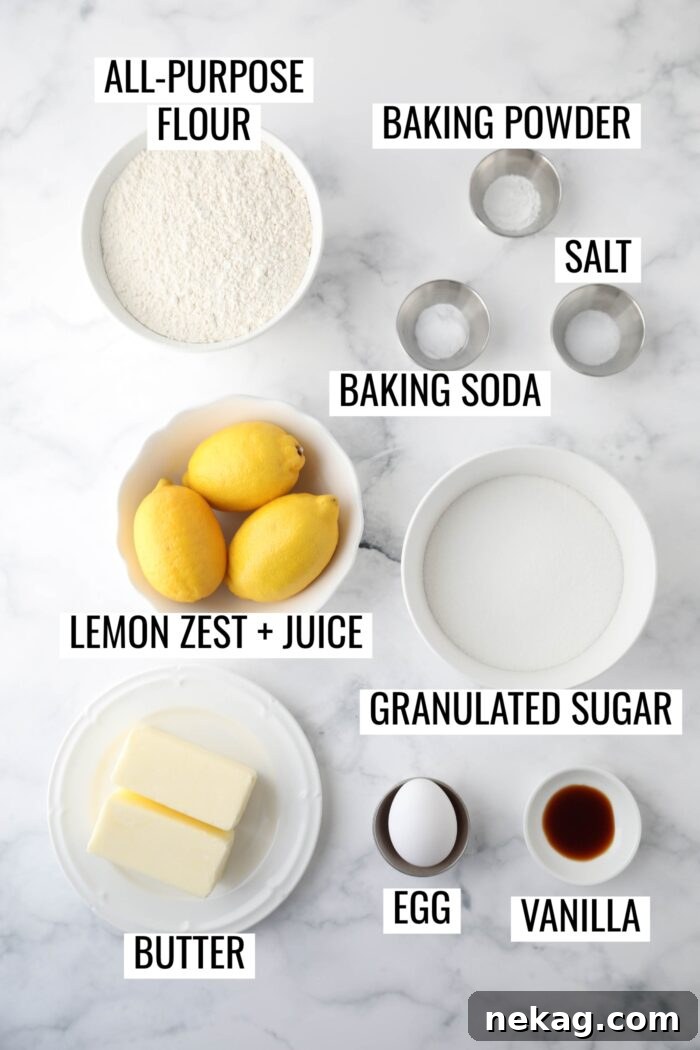 Labeled ingredients needed to make Lemon Cookies Recipe.