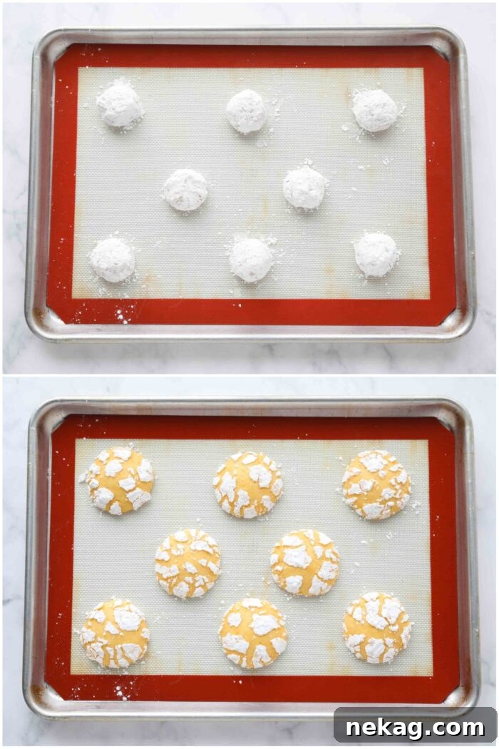 Before and after baking orange crinkle cookies.