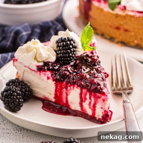 Slice of no bake blackberry cheesecake on a plate with a fork.