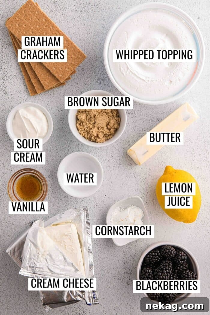 Labeled ingredients needed to make no bake blackberry cheesecake recipe.