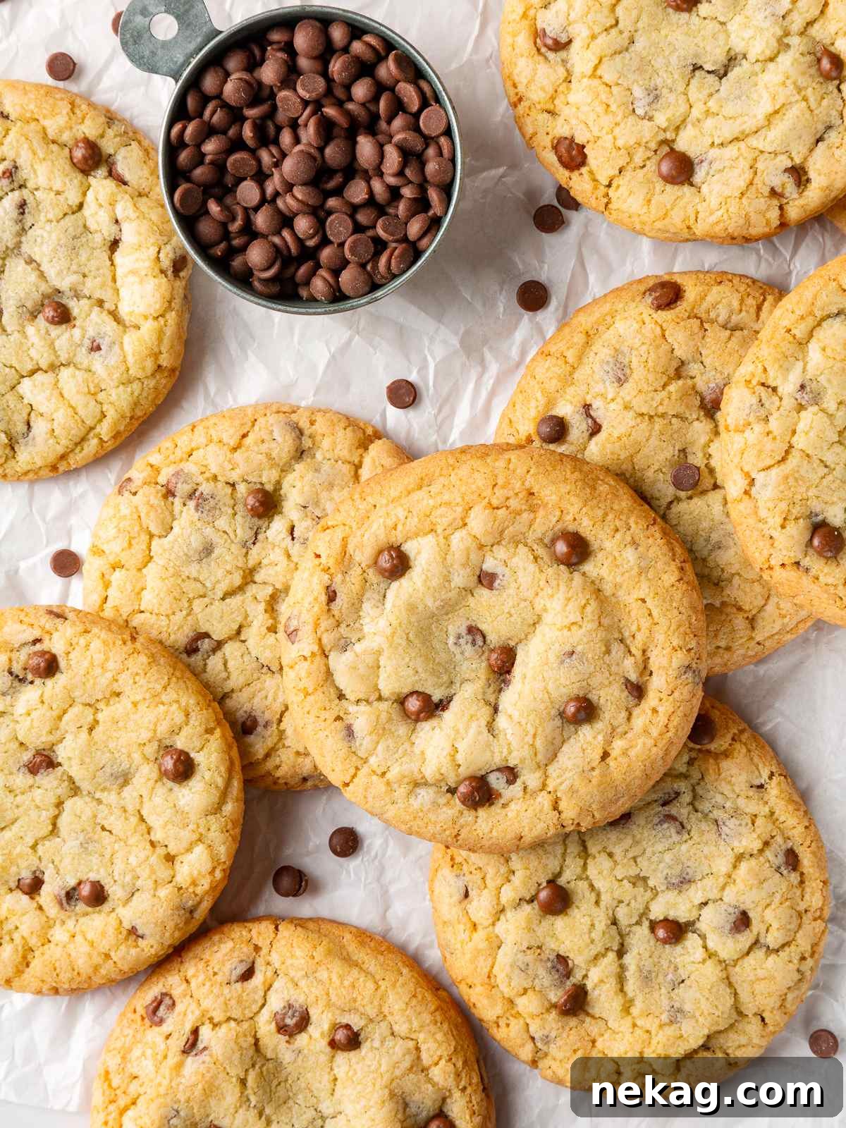 Chocolate chip cookies displayed on white background highlighting golden color and texture.