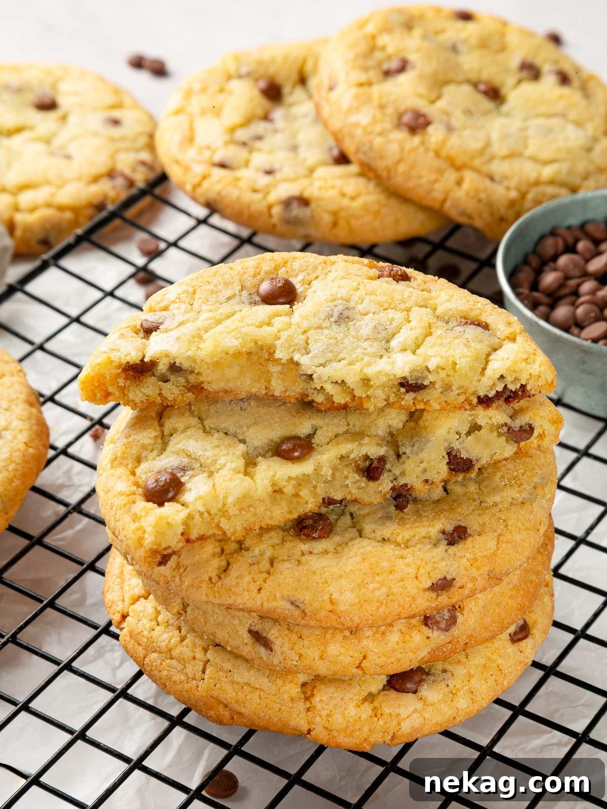 Interior of chocolate chip cookie highlighting soft, chewy texture with melted chocolate throughout.