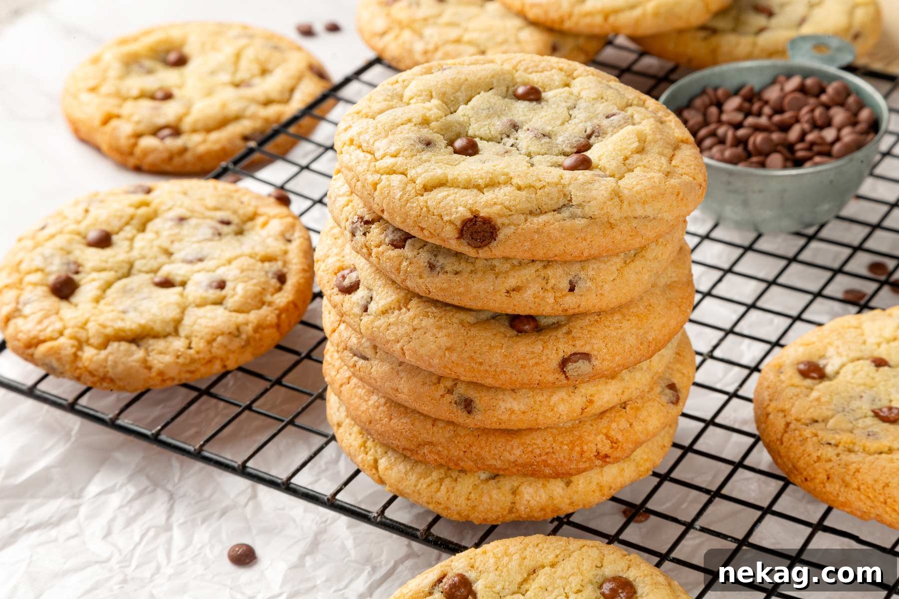 Stack of cookies resting on cooling rack with visible chocolate chips and golden edges.