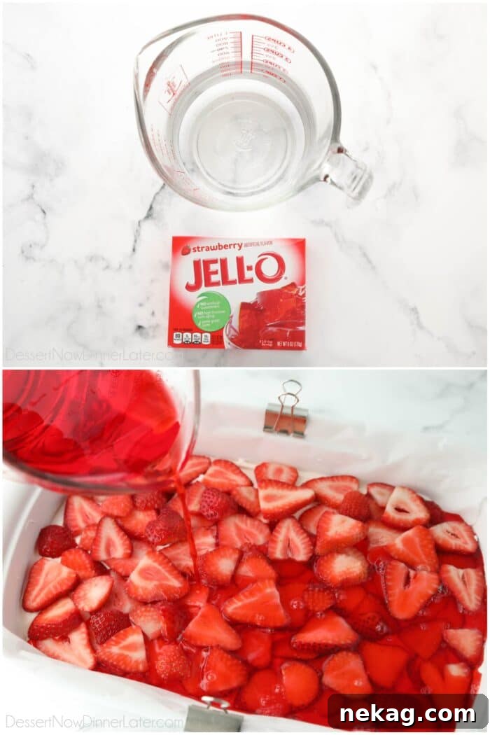 Making the strawberry filled jello.