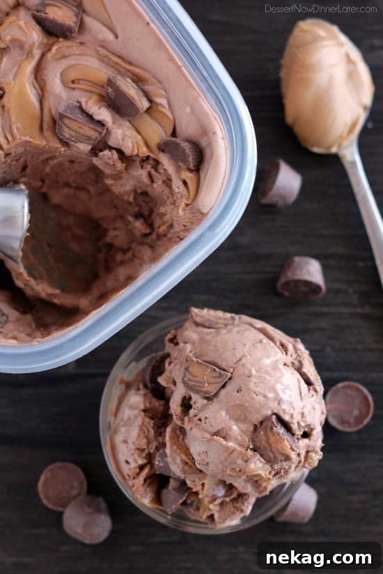  NO CHURN Chocolate Peanut Butter Cup Ice Cream from DessertNowDinnerLater.com