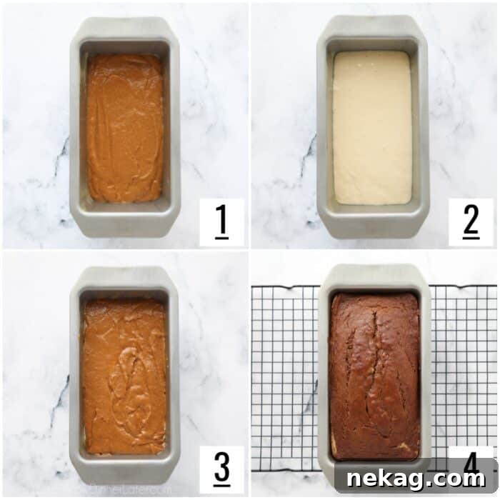 Steps to layer pumpkin cream cheese bread and the final baked loaf.