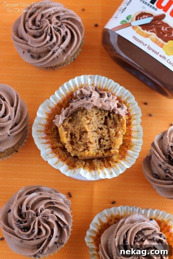  Pumpkin Cupcakes with Nutella Frosting from DessertNowDinnerLater.com