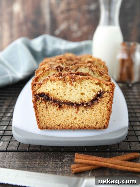Quick bread (aka loaf cake) with a swirl of cinnamon inside.