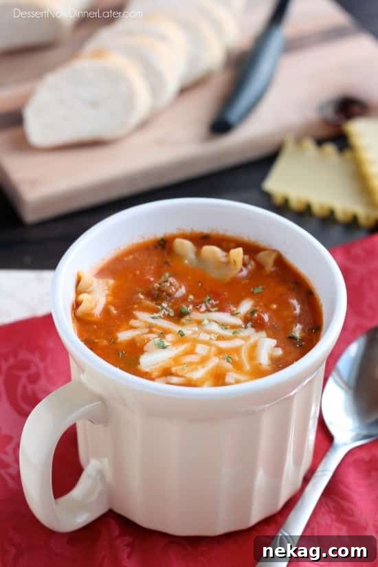Lasagna Soup - tastes just like a meat lasagna in a comforting soup! From DessertNowDinnerLater.com