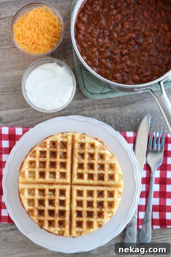 Cornbread Waffles with Chili gets dinner on the table in 15 minutes! From DessertNowDinnerLater.com