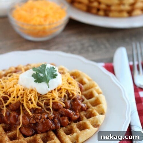 Cornbread Waffles with Chili gets dinner on the table in 15 minutes! From DessertNowDinnerLater.com