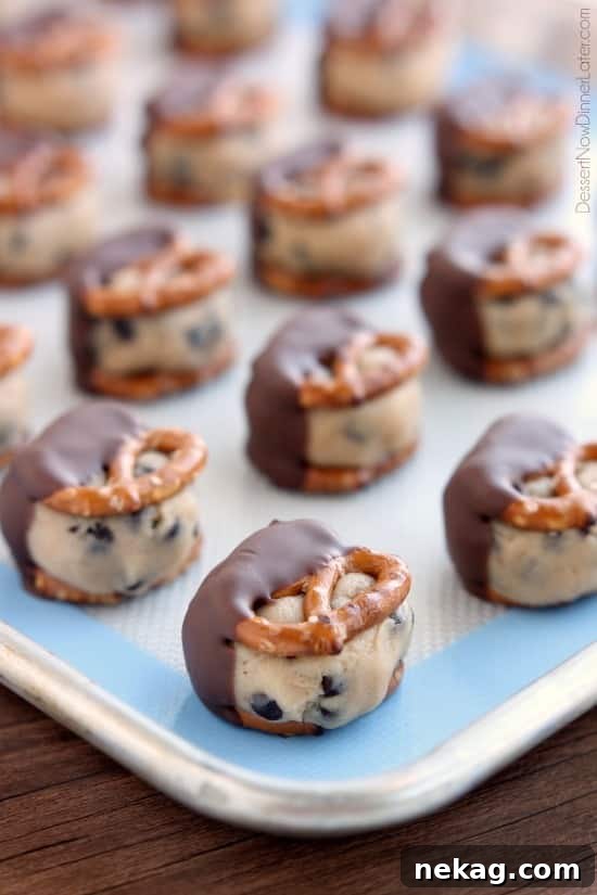 Cookie Dough Pretzel Bites Recipe: Sweet-Salty Snack Idea 3 Cookie Dough Pretzel Bites - eggless chocolate chip cookie dough sandwiched between two pretzels and dipped in milk chocolate