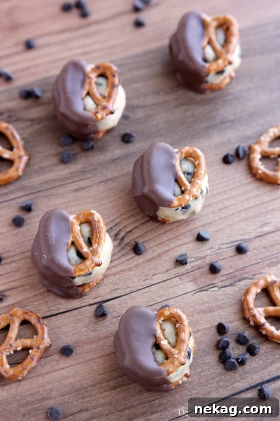 Cookie Dough Pretzel Bites Recipe: Sweet-Salty Snack Idea 4 Cookie Dough Pretzel Bites - eggless chocolate chip cookie dough sandwiched between two pretzels and dipped in milk chocolate