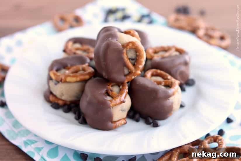 Cookie Dough Pretzel Bites Recipe: Sweet-Salty Snack Idea 5 Cookie Dough Pretzel Bites - eggless chocolate chip cookie dough sandwiched between two pretzels and dipped in milk chocolate
