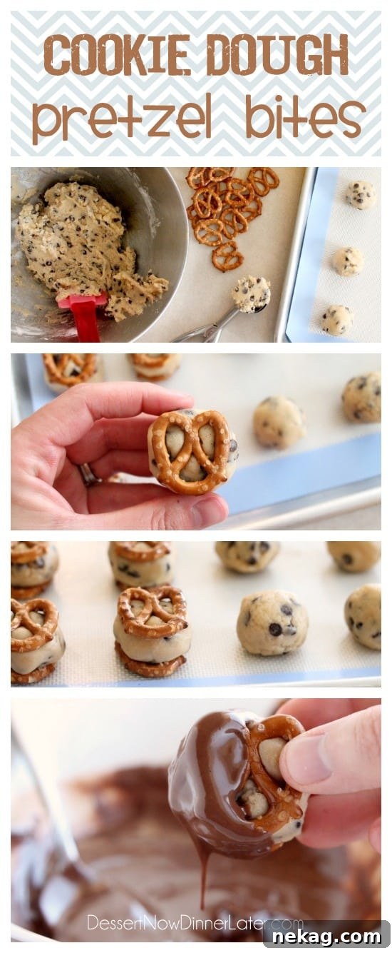 Cookie Dough Pretzel Bites Recipe: Sweet-Salty Snack Idea 6 Cookie Dough Pretzel Bites - eggless chocolate chip cookie dough sandwiched between two pretzels and dipped in milk chocolate