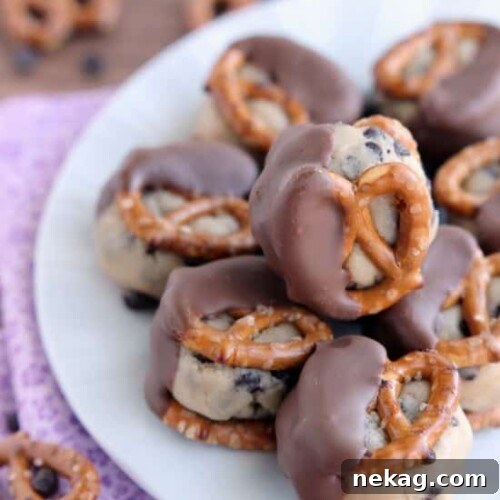 Cookie Dough Pretzel Bites Recipe: Sweet-Salty Snack Idea 7 Cookie Dough Pretzel Bites - eggless chocolate chip cookie dough sandwiched between two pretzels and dipped in milk chocolate