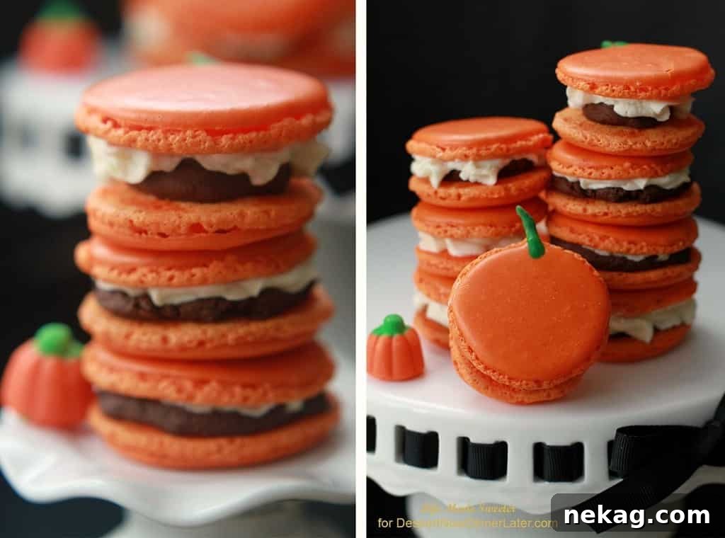 Pumpkin Buttercream Macarons with Pumpkin-Spice Dark Chocolate Ganache 4 Pumpkin Spice Macarons filled with Pumpkin Spice Dark Chocolate Ganache and Pumpkin Buttercream