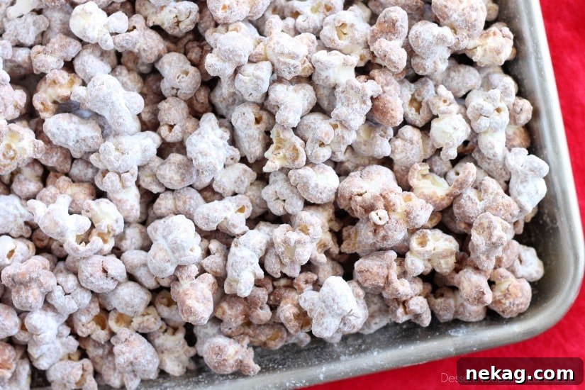 Muddy Buddy Popcorn - air popped corn, coated in chocolate, peanut butter, and powdered sugar. From DessertNowDinnerLater.com
