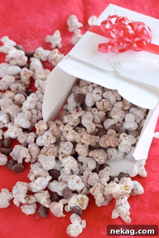 Muddy Buddy Popcorn - air popped corn, coated in chocolate, peanut butter, and powdered sugar. From DessertNowDinnerLater.com