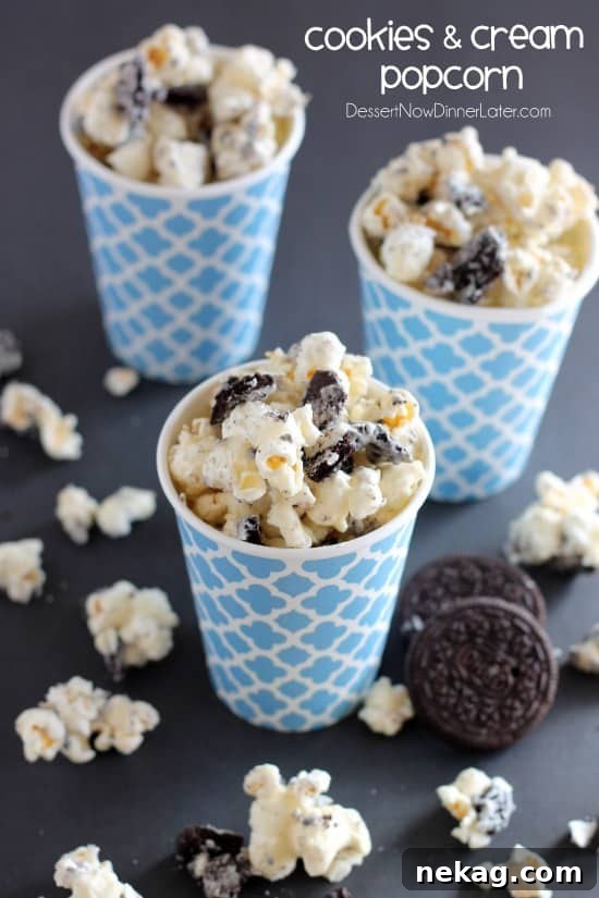 Cookies and Cream Popcorn - white chocolate and Oreos come together to flavor this air popped corn! From DessertNowDinnerLater.com