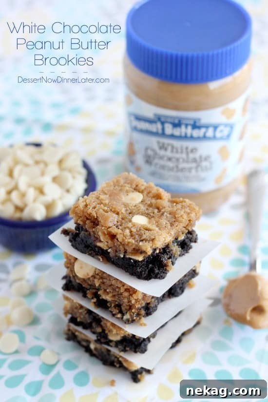 White Chocolate Peanut Butter Brookies: Gooey Brookie Recipe 2 White Chocolate Peanut Butter Brookies - a layer of brownies topped with a layer of peanut butter white chocolate chip cookies. Combined they are delicious brookies! From DessertNowDinnerLater.com