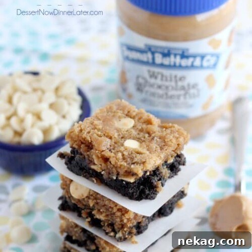 White Chocolate Peanut Butter Brookies: Gooey Brookie Recipe 6 White Chocolate Peanut Butter Brookies - a layer of brownies topped with a layer of peanut butter white chocolate chip cookies. Combined they are delicious brookies! From DessertNowDinnerLater.com