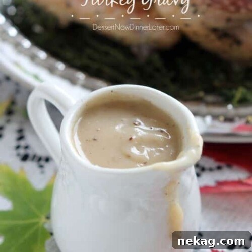 This simple turkey gravy is made from your Thanksgiving turkey's juices, thickened and seasoned to perfection! From DessertNowDinnerLater.com