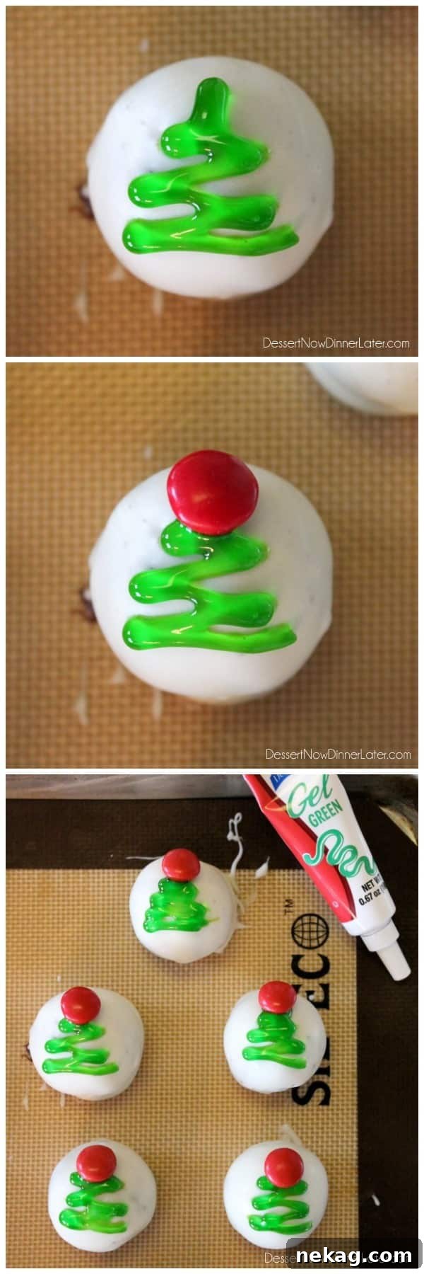 These traditionally made OREO Cookie Balls are decorated with green gel and a red candy coated chocolate piece for a festive Christmas Tree treat! From DessertNowDinnerLater.com
