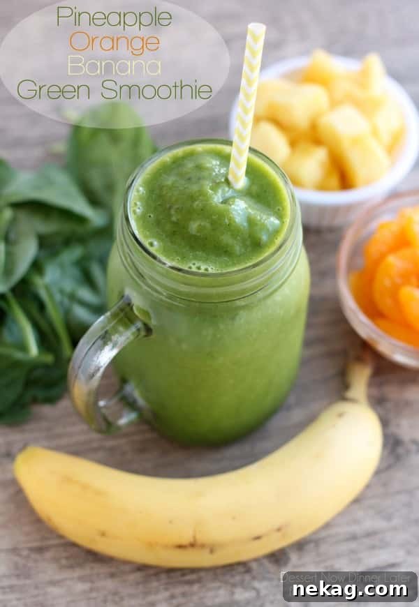 This Pineapple Orange Banana Green Smoothie is fruity and refreshing with chia seeds and spinach to add fiber and protein for additional nutrition! From DessertNowDinnerLater.com