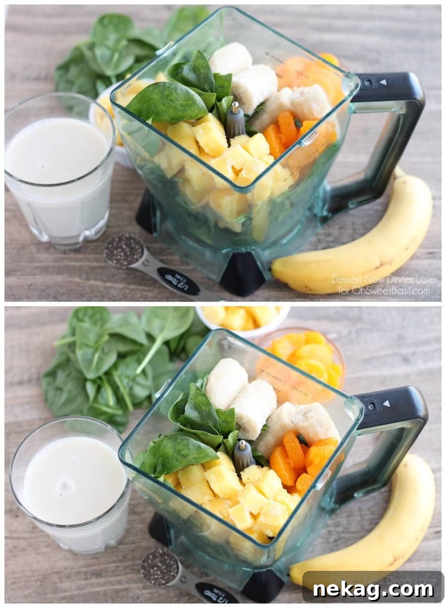 This Pineapple Orange Banana Green Smoothie is fruity and refreshing with chia seeds and spinach to add fiber and protein for additional nutrition! From DessertNowDinnerLater.com