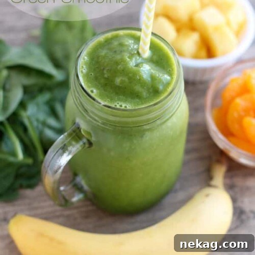 This Pineapple Orange Banana Green Smoothie is fruity and refreshing with chia seeds and spinach to add fiber and protein for additional nutrition! From DessertNowDinnerLater.com