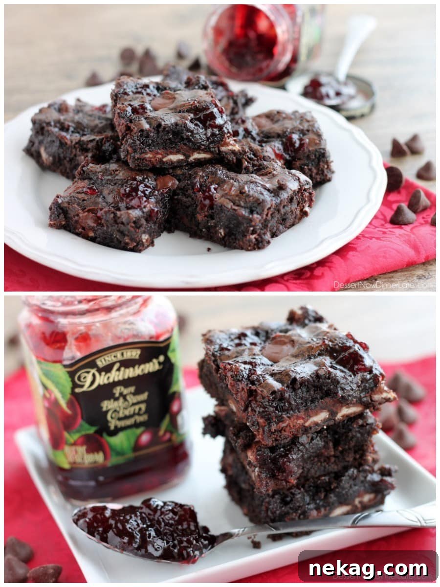Decadent Dark Chocolate Cherry Brownies Recipe 3 Dark Chocolate Cherry Brownies are made from a doctored box mix that has cherry filled morsels and cherry preserves swirled throughout. From DessertNowDinnerLater.com