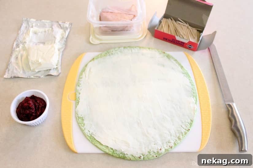 Cranberry Turkey Pinwheels - Layer 1 - Cream Cheese. From DessertNowDinnerLater.com