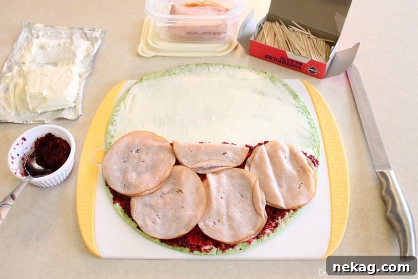 Cranberry Turkey Pinwheels - Layer 3 - Turkey. From DessertNowDinnerLater.com