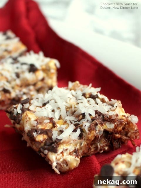 Chocolate Coconut Caramel Popcorn Bars. A quick, easy Christmas treat!
