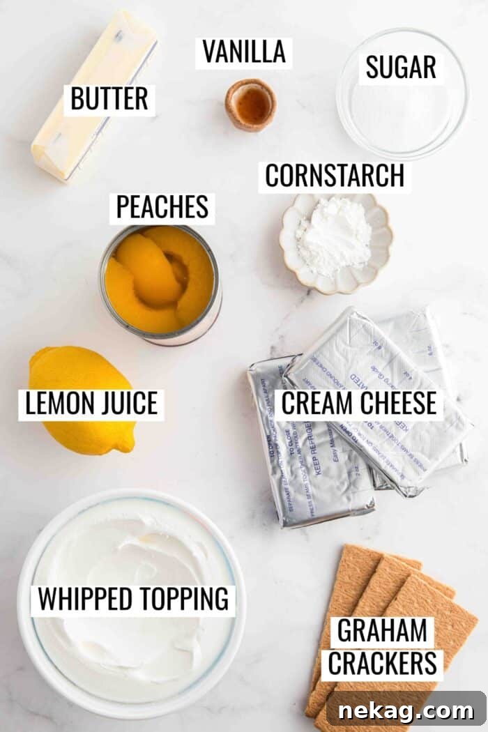 Labeled ingredients needed to make No Bake Peach Cheesecake.