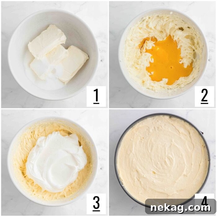 Steps to make no bake peach puree cheesecake filling.