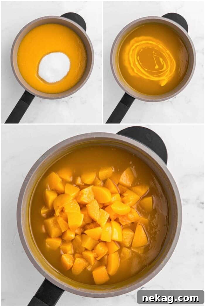 Steps to make peach topping with fresh or canned peaches.