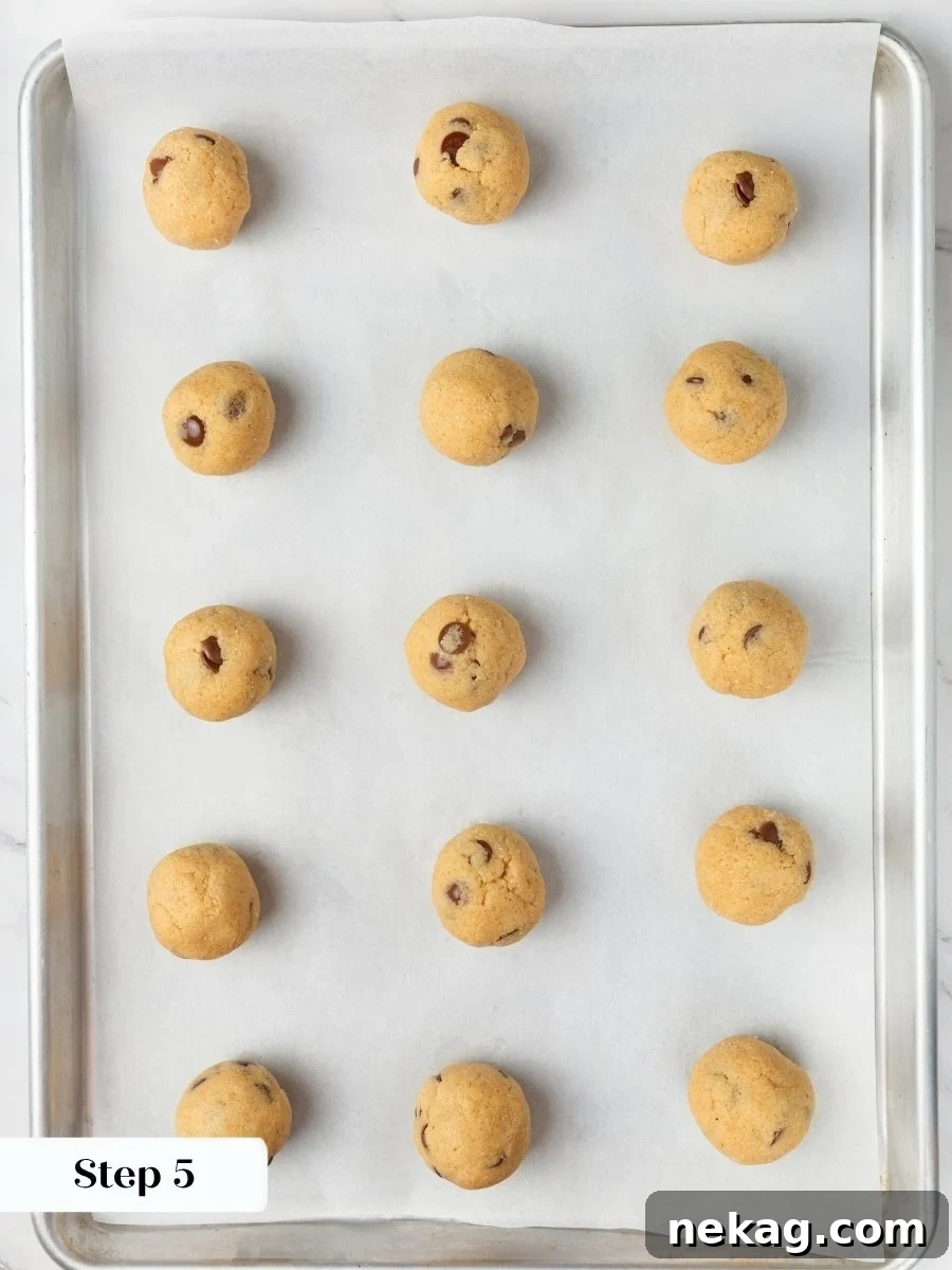 Portioning before the chill helps these almond flour chocolate chip cookies bake to a uniform size.