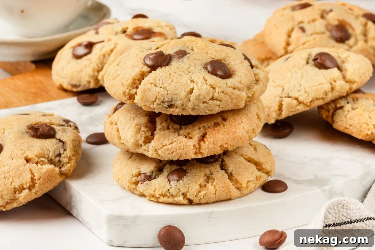 This wide view of almond flour chocolate chip cookies suits in-post banners while showing their thickness.